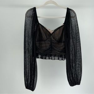 Meraki Black Mesh Bustier Style Cropped Long Sleeve Top, Women’s Medium